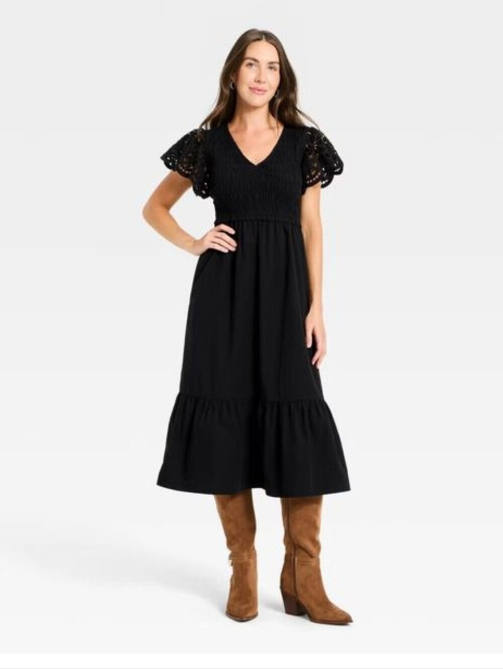 Universal Thread Women's Flutter Short Sleeve Smocked Midi A-Line Dress, Black